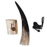 VALICLUD Wikinger Trinkhorn aus Kuhhorn Groß Mittelalterlicher Hornkrug mit Lederhalter und Sockel Trinkbecher für Bier und Renaissance Dekoration