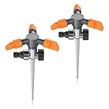 Brandson - 2 x Rasensprinkler 3 Fach mit Erdspieß – Rasensprenger 360 Grad - Flächenregner Sprühregner - Sprinkler mit 3 Arm – Einstellbarer Winkel 45° - 90° - Reichweite bis zu 14 m - robuster Spike