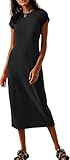 Imily Bela Sommerkleid Damen Kurzarm T Shirt Kleider Rundhals Maxikleid Casual Einfarbig(Schwarz,M)