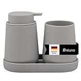 eluno Badezimmer-Set TESERO mit Soft-Touch Oberfläche, Bad-Accessoires Set 3tlg. bestehend aus 1x Seifenspender, 1x Becher und 1x Schale, ideal für Badezimmer und Küche aus Kunststoff (Taupe)