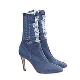 Yardwe Elastische Damen Stiefeletten aus Denim mit Dünnem Absatz Hohe Herbst winter stiefel Dehnbar Langlebig Elegant Passend zu Jeans und Kleidern Hellblau
