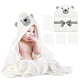 Momcozy Bambus Baby Badetücher Set 5er Pack, Babyhandtuch mit Kapuze , Waschlappen 3 Stück, Baby Bad Handschuh 1 Stück, Extrem Weich, Atmungsaktiv, Geeignet für Mädchen und Jungen