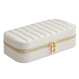 SONGMICS HOME ANAH Kollektion - Schmuckkästchen Reise, Schmuckbox klein, Schmuckaufbewahrung mit Spiegel, 10,5 x 20,5 x 6 cm, PU mit Nähten, Reißverschluss, Geschenkidee, wolkenweiß JBC180W01