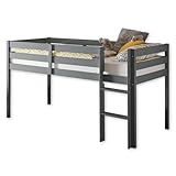 KENI Modernes Hochbett mit Leiter & 90 x 200 cm Liegefläche - Platzsparendes Kinder Etagenbett aus massiver Kiefer, Grau - 97 x 113 x 207 cm (B/H/T)