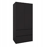 SerwisBox Moderner Kleiderschrank in Schwarz, 90cm Breit, 180cm Hoch, Laminierte Platte, 2 Schubladen, 2 Türen mit Kleiderstange und Einlegeböden, Schlafzimmerschrank