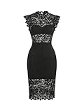 SweatyRocks Damen Midikleid Elegante Spitzenkleider Figurbetont Bleistiftkleid Stehkragen Partykleid Durchsichtiges Kleid mit Schlitz Schwarz L