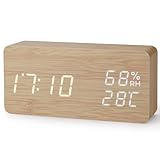 Virklyee Wecker aus Holz digital Würfel Uhr Digitaler Wecker mit LED Temperaturanzeige,12/24HR,3 Stufen einstellbar Helligkeit, mit USB-Ladeanschluss (Rechteck Holzfarbe)