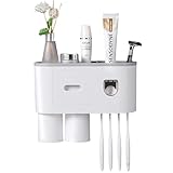 Shodiffy Zahnbürstenhalter, Zahnbürstenhalter zur Wandmontage mit Doppelter Automatischer Zahnpastaspender, 4 Pinselschlitzen, 2 magnetischen Bechern und Aufbewahrungs-Organizer