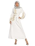 Tangboots Damen Muslimisch Elegant Stickerei Maxikleid Islamisch Dubai Solide Farbe Langarm Ramadan Robe Ohne Hijab Gr. Medium, weiß