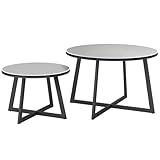 Outsunny 2er Set Beistelltisch Stapelbar Gartentisch Rund wetterfest Balkontisch mit X-Beine Glasplatte Stahl Campingtisch Kaffeetisch für Wohnzimmer Büro Outdoor Indoor Schwarz+Grau