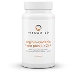 vitaworld Arginin-Ornithin-Lysin + C + Zink, Pro Tagesverzehrmenge sind je 1000 mg L-Arginin und L-Ornithin, sowie 800 mg L-Lysin enthalten, Vegan, 60 Kapseln