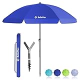 BelleMax Sonnenschirm Strand Windfest Stabil mit Bodenhülse & Schutzhülle 30° knickbar Sonnenschirm klein Rund Strandschirm Gartenschirm Marktschirm Sonnenschutz UV50+ Blau 160 cm