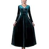 GOTOTOP Damen V Ausschnitt Samtstoff Maxikleid Elegant Lange Ärmel Tunika High Waist Cocktailkleid Abendkleid(XL-Dunkelgrün)