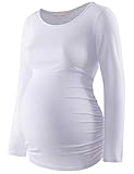 Bhome Damen Schwangerschafts-Shirt Langarm-Basic-Top Ruch Sides Bodycon T-Shirt für Schwangere groß Weiß