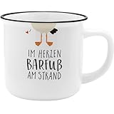 GRUSS & CO Becher mit Motiv 'Strand' | New Bone China Porzellan, Emaille-Optik, 35 cl | Lustiges Geschenk, Frühstück | 73918