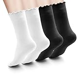 Soleeya 4 Paar Rüschen Yoga Socken Damen Schwarz und Weiß, Pilates Socken mit RüSchen Antirutschsocken Damen für Ballett Gym Tanz, Universalgröße Stoppersocken Baumwolle Ohne Naht ABS Socken Damen