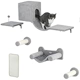PwaHut Kletterwand Katzen 6-teilig Katzen Kletterwand Set mit Katzenhaus, Hängematte, Plattform, Kratzbaum mit Kratzbrett, Plüsch-Wandkratzbaum, Katzenmöbel für Katzen bis zu 5 kg, Grau