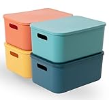 HapiLeap Aufbewahrungsboxen mit Deckel, stapelbare Kunststoff-Aufbewahrungskörbe für Regale, Küche, Badezimmer, Spielzimmer, Klassenzimmer, Büro, Kinderzimmer (mittelgroß (4 Stück))
