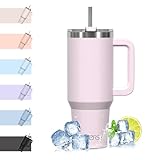 WATERSY 40oz Kaffeebecher to Go Thermobecher Doppelwandiger Edelstahl Vakuum Auslaufsicher Trinkbecher mit Griff und Strohhalm Thermal Tumbler Rosenpulver