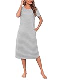 Litherday Nachthemd Damen Lang Nachtwäsche Kurzarm Streifen Schlafshirt aus 95% Baumwolle Loungewear Nachtkleid Sleepshirt, Hellgrau+weiß, XXL
