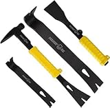 MANUFORE Profi Brecheisen Set 4-teiliges mit 12' und 7,5' flache Brechstange, 12' Nageleisen mit Hammer und Gummi-Softgriff, 9' Meißel