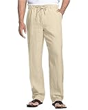 NANAMEEI Casual Herren Sommer Leinenhosen Herren Lang Taschen Strandhosen mit Kordelzug Baggy Freizeithose Baumwolle Khaki 3XL