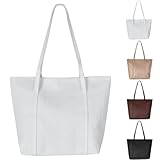 DEARBAG Handtasche Damen, Einfache PU-Leder-Tote-Shopper-Bag, Große Schultertasche mit Reißverschluss für Arbeit, Schule, Einkauf, Groß Genug für Ihre Einkäufe und Ihre Alltagsgegenstände (Weiß)