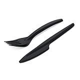RAGO® 100-teiliges Mehrweg Besteckset I Wiederverwendbares Plastikbesteck aus Kunststoff – 50 Messer, 50 Gabeln I Schwarz, Spülmaschinenfest nach EN 12875-1, Stabil & BPA-frei