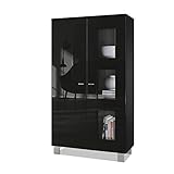 Vladon Vitrine Denjo, Standvitrine mit 2 Türen und 3 Glaseinsätzen, Schwarz matt/Schwarz Hochglanz (71 x 129 x 35 cm)