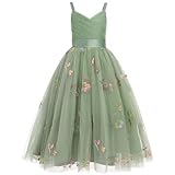 Odizli Blumenmädchenkleider Prinzessin Kleid Mädchen Kinder Ärmellos V-Ausschnitt A-Linie Tüllkleid Festlich Hochzeit Erstkommunion Kommunionkleid Abendkleid Lang Ballkleid Grün Stickerei 9 Jahre