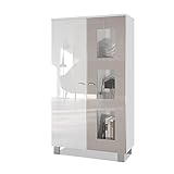 Vladon Vitrine Denjo, Standvitrine mit 2 Türen und 3 Glaseinsätzen, Weiß matt/Weiß Hochglanz/Sandgrau Hochglanz (71 x 129 x 35 cm)