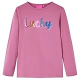 Kinder Langarmshirt für Mädchen, himbeerrosa, Größe 128, aus weicher Baumwolle, mit Pailletten-Aufschrift „Lucky“, bequemes T-Shirt für Alltag und Freizeit