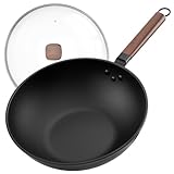 Jobin 33cm/13inch Premium Wokpfanne mit Glasdeckel - Kohlenstoffstahl Wok ohne chemische Beschichtung, Ideal für Asiatische Küche, Induktionstauglich für Gasherd, Elektro- und Ceranfeld