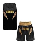 Kaerm Kinder Jungen Boxer Kickboxer Kostüm Ärmellos Thaiboxer T Shirt Satin Tank Top Mit Thaiboxen Shorts Trainingshose Für Kickbox Boxing Schwarzes Gold 122-128