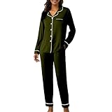 Schlafanzug für Damen, langärmelig, kariert, Loungewear-Set, Reverskragen, Button-Down-Tops mit Brusttasche, weiche Hose, elastische Taille, Loungewear-Set, übergroßer Komfort, 2-teiliges
