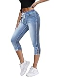 Onsoyours Capri Jeans Damen Sommer Caprihose 3/4 Jeans Caprihose Hohe Taille Denim Hose Kurze Skinny Ripped Jeanshose Caprijeans B Blau XXL
