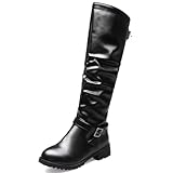 Gicoiz Damen Runde Zehen Knee High Riding Kampfstiefel Comfy Low Blockabsatz Stiefel Winter Draußen Schnüren Denim Motorradstiefel Schwarz Gr 38 EU-39Cn