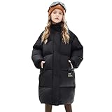 linboo Mädchen Winterjacke mit Kapuze Parka Baumwolljacke Lange Wintermantel Warme Winddichtes Winterparka Puffer Daunenjacke, Schwarz, 158(Herstellersgröße: 160)