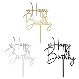 COMNICO 3 Stück Happy Birthday Kuchenaufsatz, Acryl-Herz Tortenaufsätze DIY-Kucheneinsatz Dekorationszubehör (Schwarz, Gold, Silber)