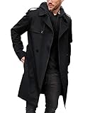 Pretifeel Herren-Trenchcoat, schmale Passform, zweireihig, lang, gekerbter Revers-Gürtel, winddichter Herbstmantel, Schwarz, L