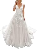 JAEDEN Brautkleid V-Ausschnitt Spitze Hochzeitskleider für Damen Tüll A-Linie Standesamt Kleid mit Schleppe Weiß 38