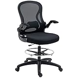 Vinsetto Bürostuhl, Ergonomischer Zeichenstuhl mit verstellbarem Fußring, Drehstuhl, 102-122 cm Höhenverstellbarer Arbeitsstuhl mit Rollen und Lendenwirbelstütze, Schwarz