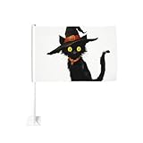 Niedliche schwarze Katze mit Hexenhut, Autoflagge, Fensterclip, 30 x 45 cm, doppelseitige Auto-Dekoration