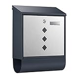 Wiltec Designer Briefkasten V36 Anthrazit und Edelstahl 305 x 105 x 385 mm, Wandbriefkasten mit Schloss, Sichtfenstern, Namensschild, Zeitungsrolle, Postkasten aus galvanisiertem Stahl