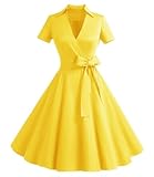 Timormode Damen Vintage Retro 1950er Cocktailkleid Rockabilly V-Ausschnitt Faltenrock Kleider Yellow 3XL