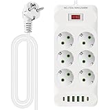 Steckdosenleiste Einzeln Schaltbar, 12-in-1, 6-Fach Mehrfachsteckdose mit 4 USB-A und 2 USB C, Steckdosenverteiler mehrfachstecker Steckdosenleiste üiberspannungsschutz für Heim Büro (Weiß)