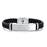 Personalisiertes Herren Lederarmband, Herren Armband mit Gravur, Schwarz Mikrofaser-Leder Flechtarmband - DIY Name Nachricht Armbänder für Herren, Geschenke für Männer (Silber)