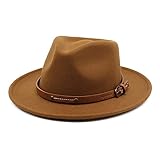 Khaki Klassischer Filz Fedora Hut Breite Krempe Floppy Panama Hut Herbst Winter Jazz Hut mit Nieten Gürtel Schnalle Band und Verstellbarer Kordelzug