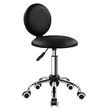 FURWOO Runder Rollhocker mit Rückenlehne Arbeitshocker aus PU-Leder auf Rädern Schönheitsstuhl mit Rädern Drehhocker für Barbershop (Schwarz)