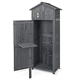 RELAX4LIFE Gerätehaus Holz, 75 x 50 x 180,5 cm, Gartenschrank mit Satteldach, Geräteschrank mit 8 Haken & 3 Regalen & Faltbarem Tisch & Oberem Fach, Gartenhaus Wetterfest für Außenbereich (Grau)
